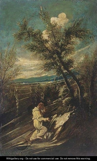 A hermit monk praying in a landscape - (after) Alessandro Magnasco