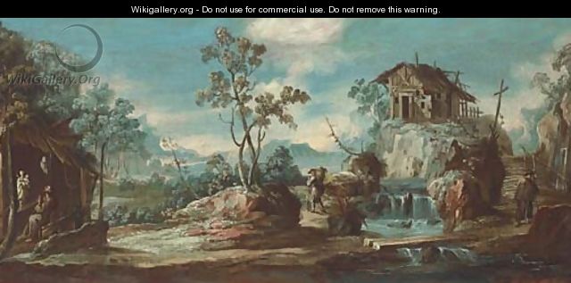 A river landscape with a hermit monk and travellers - (after) Alessandro Magnasco
