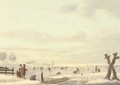A winter landscape with skaters on a frozen river, a windmill and a town beyond - (after) Andries Vermeulen