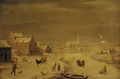 A winter landscape with burghers by a frozen river, a town beyond - (after) Andries Vermeulen