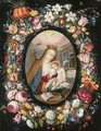 A garland of flowers surrounding a medallion of the Virgin and Child - (after) Andries Daniels