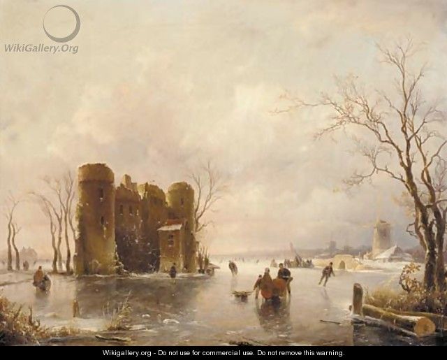 Figures skating on a frozen pond, windmills beyond - (after) Andreas Schelfhout