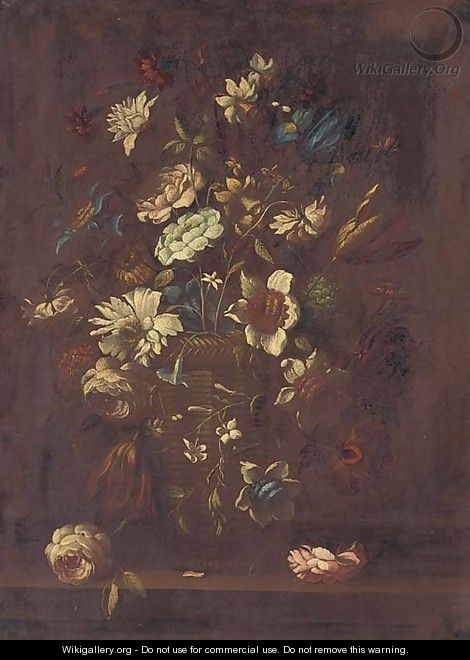 Roses, narcissi, tulips and other flowers in a basket on a ledge - (after) Andrea Scacciati I