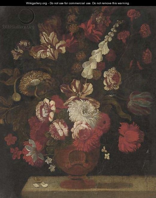 Parrot tulips, chrysanthemums, roses and other flowers in an urn on a ledge - (after) Andrea Scacciati I
