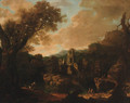 Peasants by a river in a mountainous landscape - (after) Andrea Locatelli