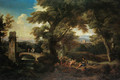 An Italianate wooded river landscape with pilgrims resting, a ruined tower and a bridge beyond - (after) Andrea Locatelli