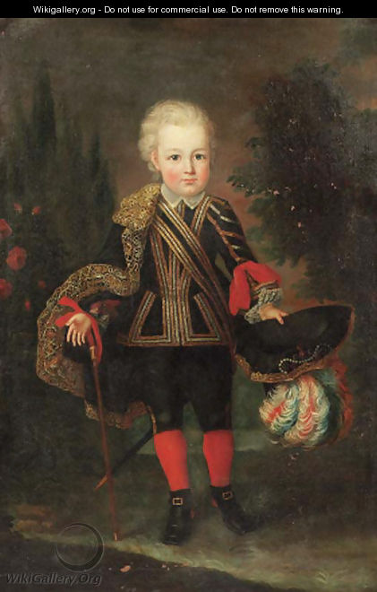 Portrait of a young boy, standing full length in a landscape, wearing a gold embroidered black costume with lace chemise - (after) Mengs, Anton Raphael
