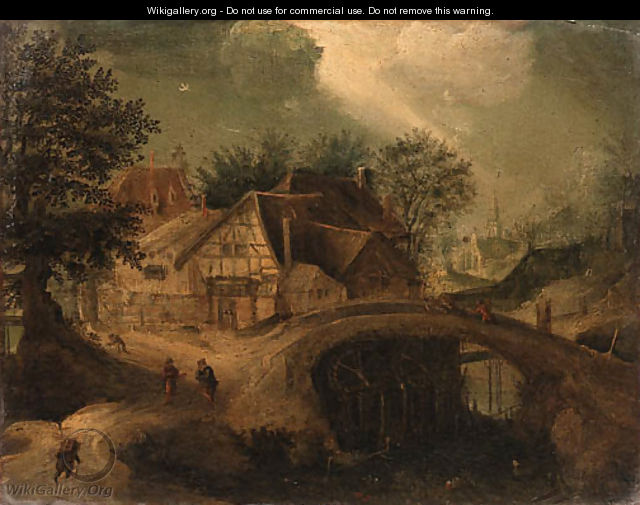 A Townscape with Travellers near a Bridge - (after) Anton Mirou