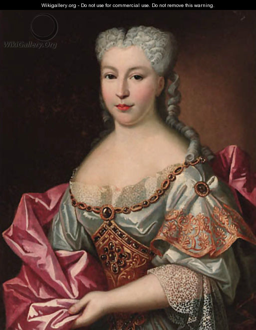 Portrait of a lady, half-length, wearing a white embroided dress with lace trim and a pink wrap - (after) Pesne, Antoine