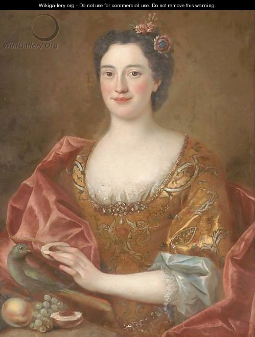 Portrait of a lady, half-length, wearing a gold-embroidered dress and feeding fruit to a parrot - (after) Pesne, Antoine