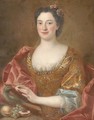 Portrait of a lady, half-length, wearing a gold-embroidered dress and feeding fruit to a parrot - (after) Pesne, Antoine