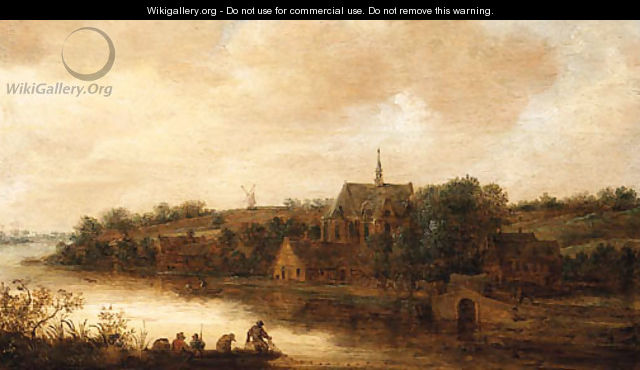 A River Landscape with Anglers in a Punt, a Church beyond - (after) Anthony Jansz. Van Der Croos