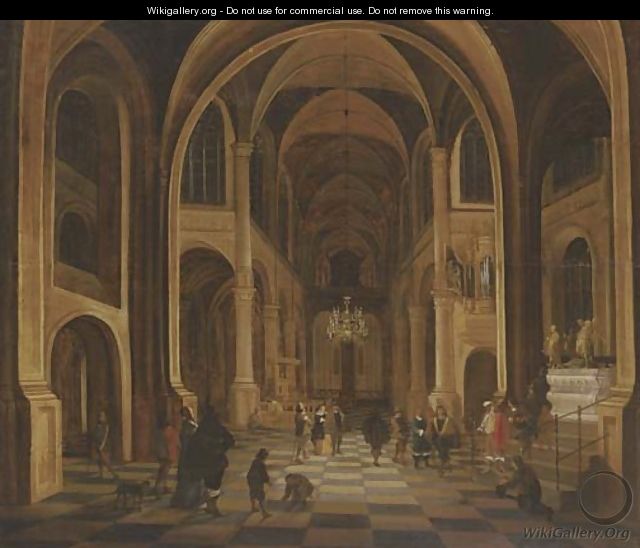 The interior of a church at night, with elegant figures in the foreground - (after) Anthonie De Lorme
