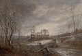 A wooded river winter landscape with figures on a track and men fishing on a frozen lake - (after) Anthonie Beerstraten