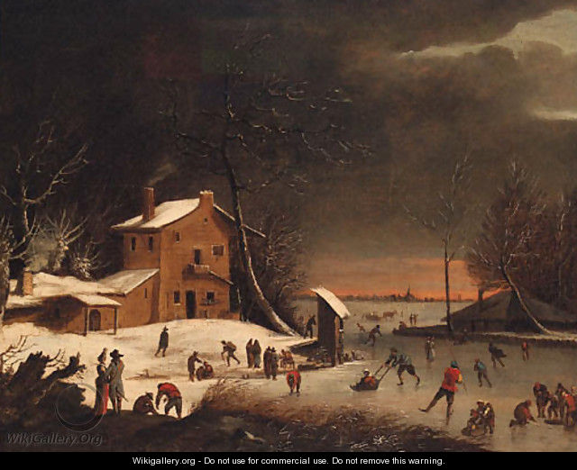 A winter landscape with skaters on a frozen waterway near a farmhouse - (after) Anthonie Beerstraten