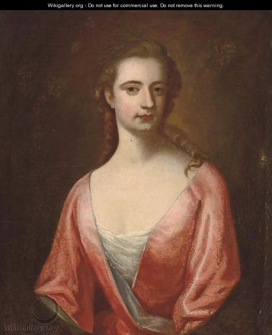 Portrait of a lady, half-length, in a pink dress with blue trim - (after) Sir Godrey Kneller