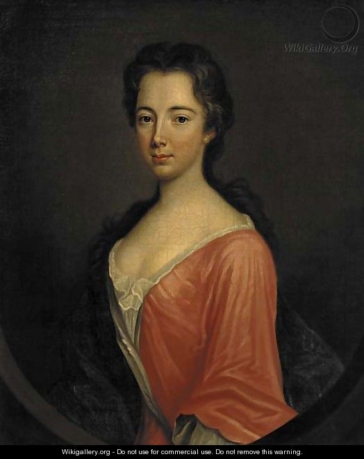Portrait of Miss Ray, three-quarter-length, in a red dress and blue wrap, feigned oval - (after) Kneller, Sir Godfrey