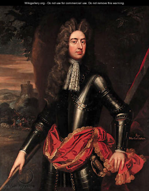 Portrait of an Officer, three-quarter-length, in armour, with a red sash, holding a baton, a cavalry skirmish below a castle beyond - (after) Kneller, Sir Godfrey