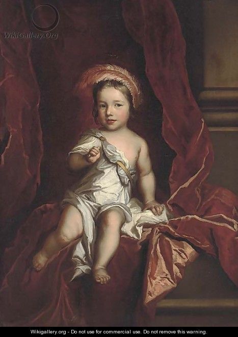 Portrait of a young boy, seated full-length, wearing a white tunic, a red curtain beyond - (after) Kneller, Sir Godfrey