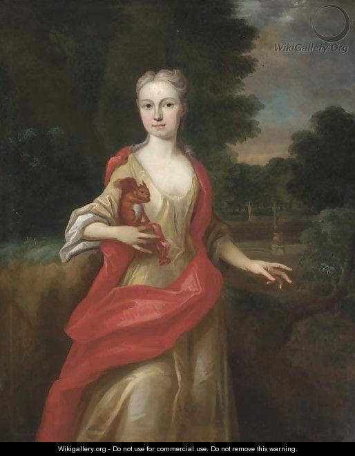 Portrait of a lady, three-quarter-length, in a yellow dress and scarlet wrap, holding a squirrel in her right hand, in an extensive landscape - (after) Kneller, Sir Godfrey