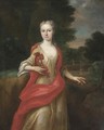 Portrait of a lady, three-quarter-length, in a yellow dress and scarlet wrap, holding a squirrel in her right hand, in an extensive landscape - (after) Kneller, Sir Godfrey