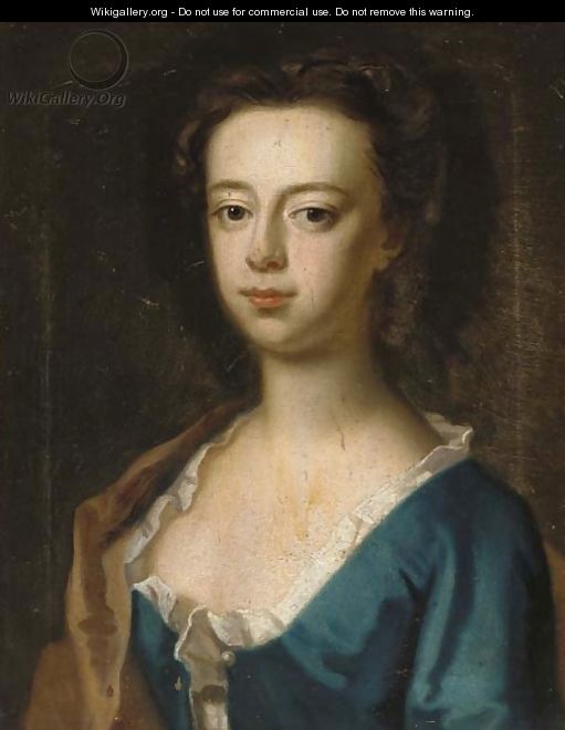 Portrait of a lady, bust-length, in a blue dress and brown wrap - (after) Kneller, Sir Godfrey