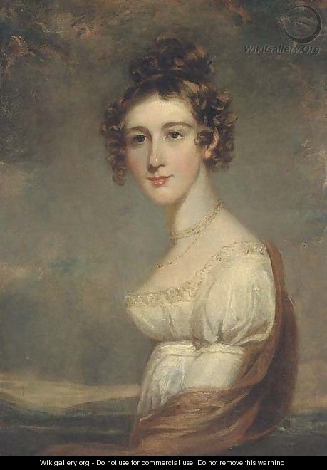 Portrait of a lady, half-length, in a white dress and red wrap, in a landscape - (after) Lawrence, Sir Thomas