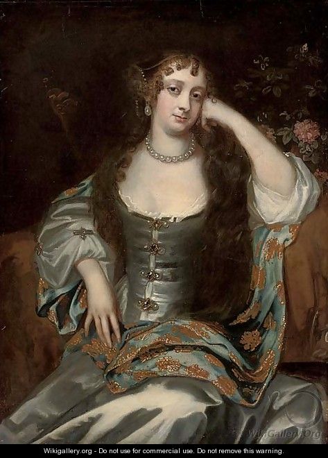 Portrait of a lady, three-quarter-length, seated in an oyster satin dress - (after) Sir Peter Lely