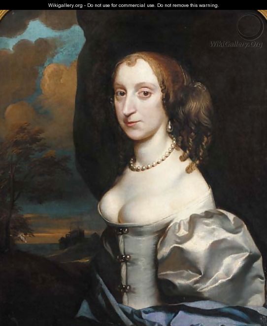 Portrait of a lady, half-length, in a white dress with blue wrap, in a landscape - (circle of) Russel, Theodore