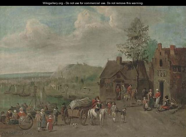 A river landscape with travellers by an inn - (after) Theobald Michau