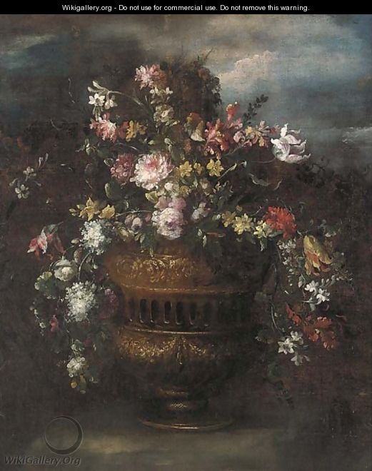 Roses, tulips, narcissi and other flowers in a sculpted vase in a clearing - (after) The Pseudo-Guardi