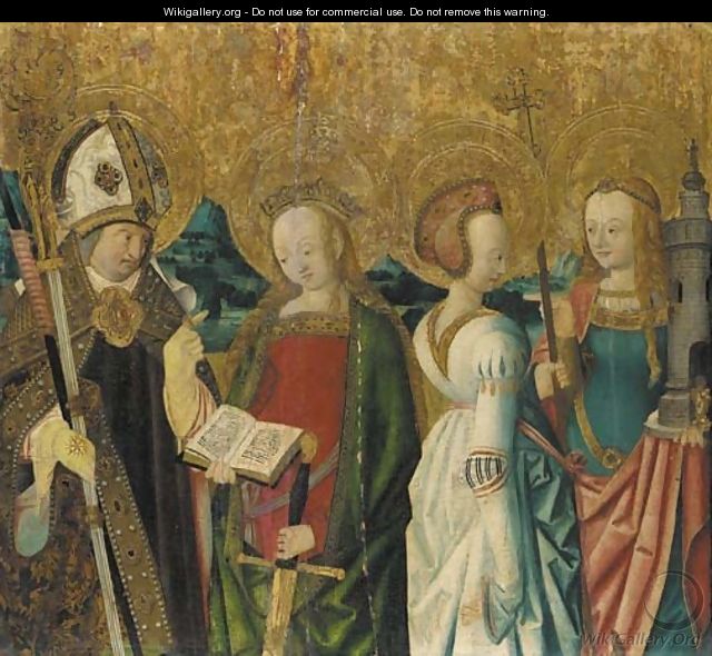 Saints Catherine of Alexandria, Margaret of Antioch and Barbara, and a bishop saint - (after) Master Of The St. Bartholomew Altarpiece