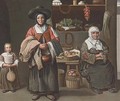 A young girl, a woman and an elderly woman selling vegetables, fruit, bread, nuts and wine - (after) The Maitre Des Jeux