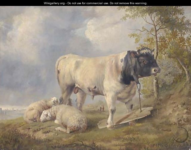 Sheep and a bull in a river landscape - (after) Thomas Sidney Cooper