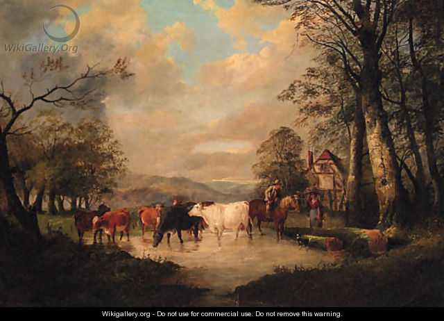 Countryfolk with Cattle watering, a Cottage beyond - (after) Thomas Sidney Cooper