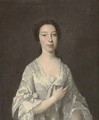 Portrait of a lady, half-length, in an oyster satin dress with lace trim, pearls in her hair - (after) Thomas Hudson