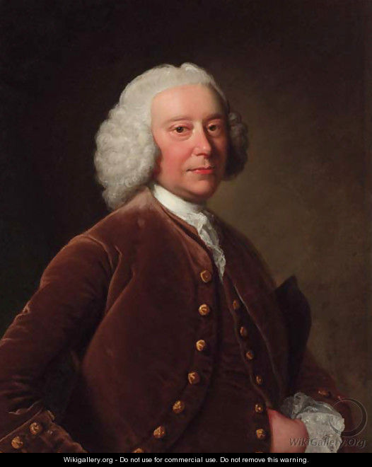 Portrait of a gentleman, half-length, in a brown coat and waistcoat, a tricorn under his arm - (after) Thomas Hudson