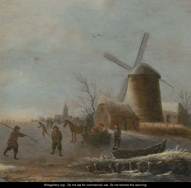 A winter river landscape with skaters on the ice by a windmill - (after) Thomas Heeremans