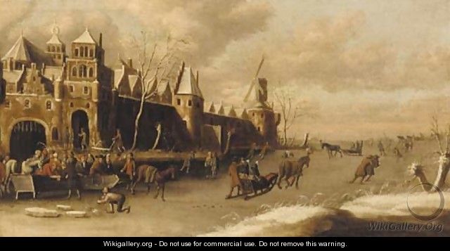 A winter landscape with skaters outside a city wall - (after) Thomas Heeremans