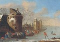 A winter landscape with figures on a frozen lake, a walled town beyond - (after) Thomas Heeremans