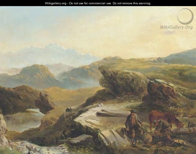 Highland landscape with figures logging in the foreground - (after) Richard Ansdell