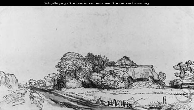 A Landscape with a Road near a Farmhouse among Trees - (after) Rembrandt Van Rijn