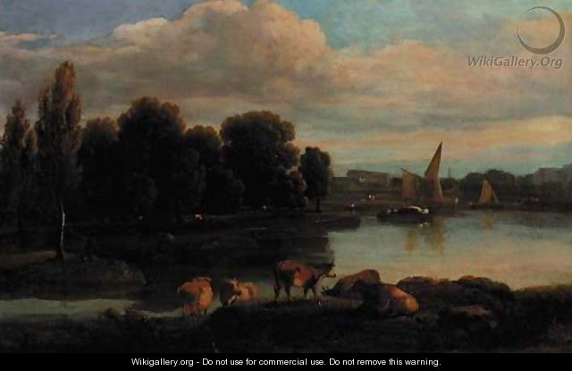Cattle on the bank of a river with a town beyond - (after) Ramsay Richard Reinagle