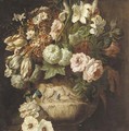Roses, tulips, daffodils, chrysanthemums, morning glory, narcissi and other flowers in an urn decorated with putti - a fragment - (after) Rachel Ruysch