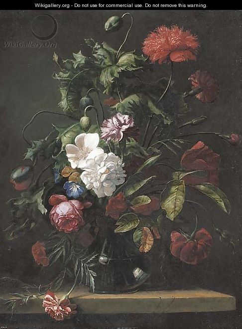 Roses, carnations, morning glory and other flowers in a glass vase on a stone ledge - (after) Rachel Ruysch