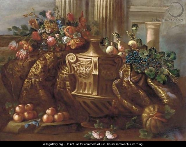 Mmixed flowers, grapes, pears, peaches, a melon and a carpet - (after) Pietro Navarra