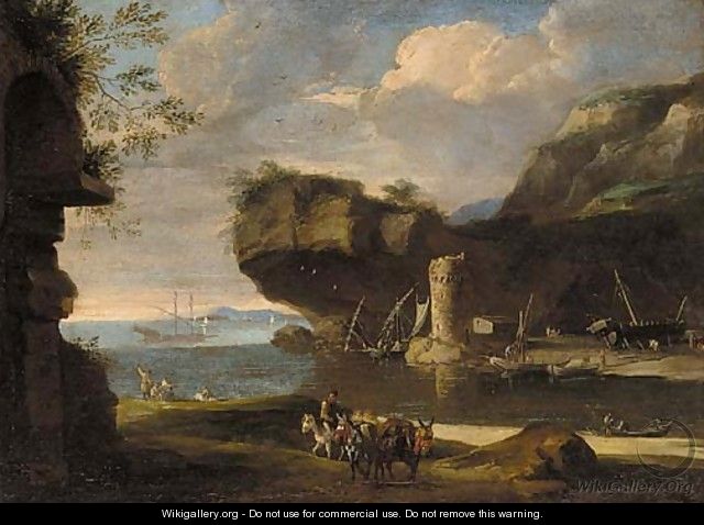 A Mediterranean costal inlet with figures on the shore - (circle of) Rosa, Salvator