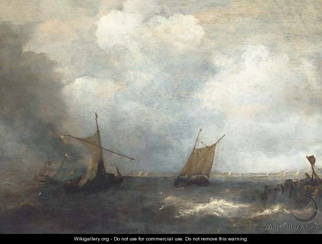 Two smalschips on a choppy sea, by a wherry - (after) Salomon Van Ruysdael