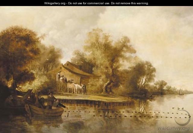 A river landscape with fishermen pulling in their catch - (after) Salomon Van Ruysdael