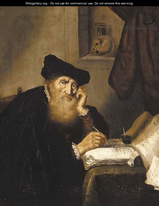 A scholar writing at a table - (after) Salomon Koninck